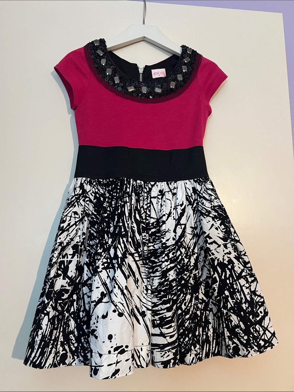 Girls Fuchsia and Black Beaded Fit-and-Flare Dress